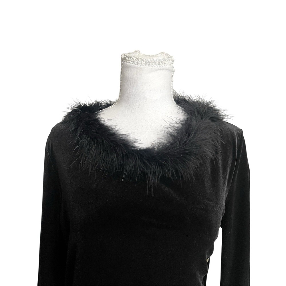 Vintage 90s Black Velvet Long Sleeve Top Fur Feather Trim Vampy Gothic Glam Sz M - Picture 7 of 12